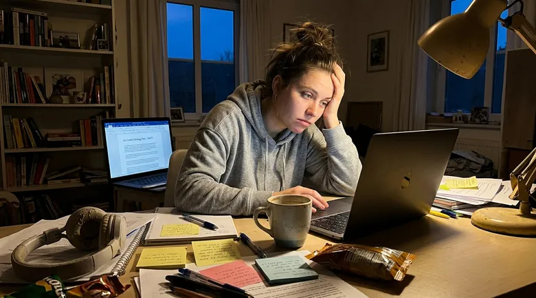 SCENE: Exhausted young woman slumped at cluttered desk at dusk, single article draft open on laptop, cold coffee beside keyboard, overhead light casting long shadows