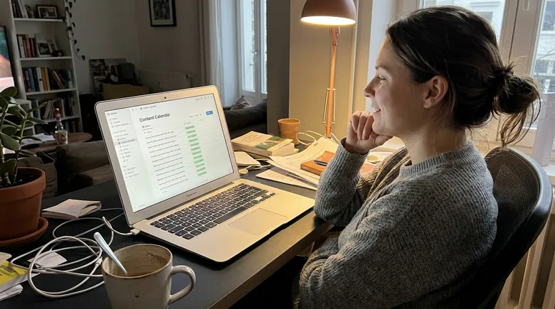 SCENE: Woman at home desk leaning back relaxed, Notion content calendar visible on screen with green published tags across every row, quiet expression of relief