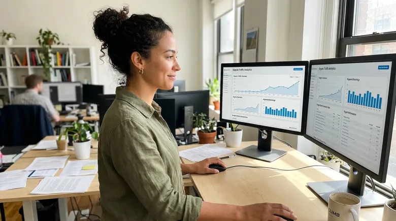 SCENE: Confident professional woman at standing desk reviewing organic traffic analytics on dual monitors in bright sunlit office, calm focused expression, arms relaxed at sides