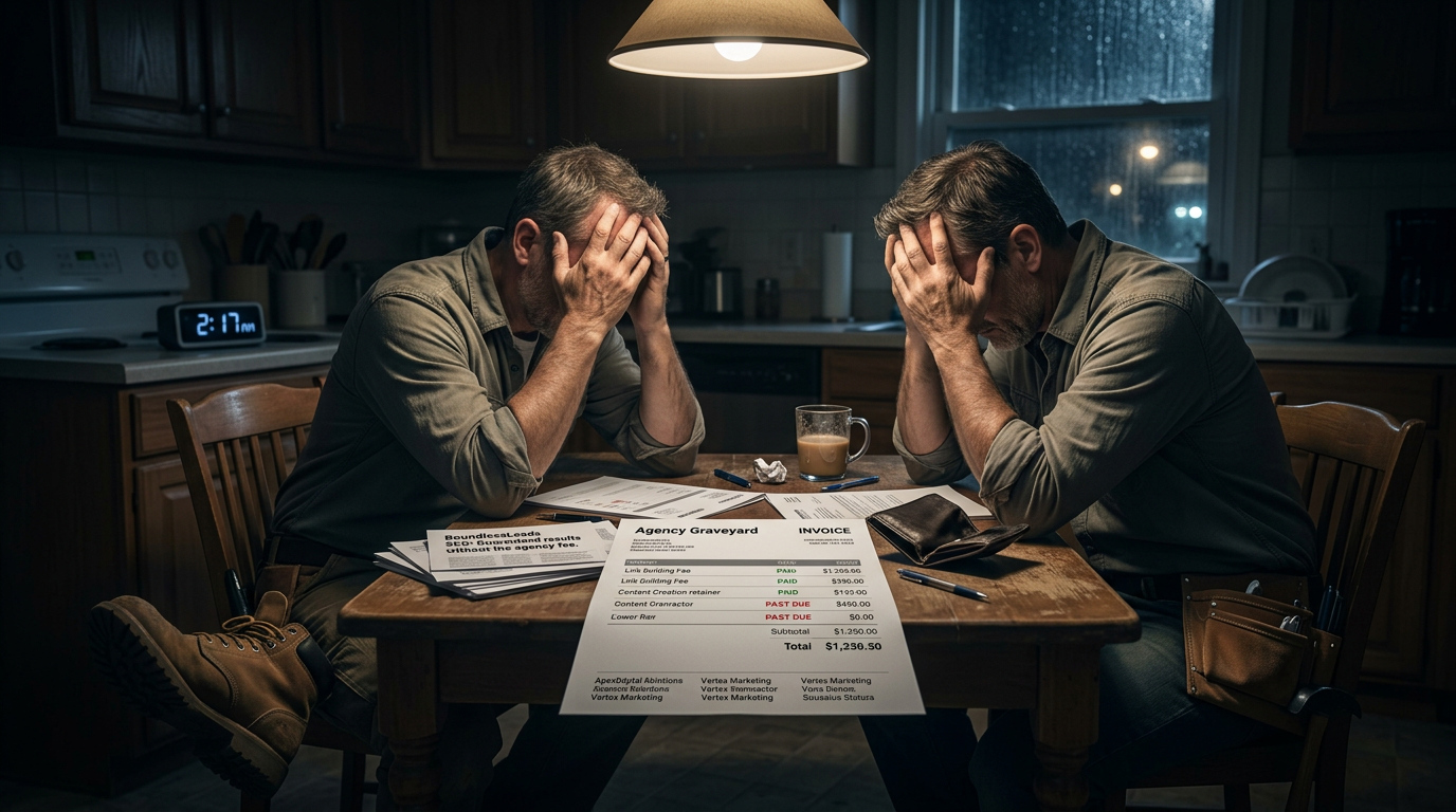 SCENE: Exhausted male contractor in work boots and tool belt sits at kitchen table late at night staring at an agency invoice, head in hands