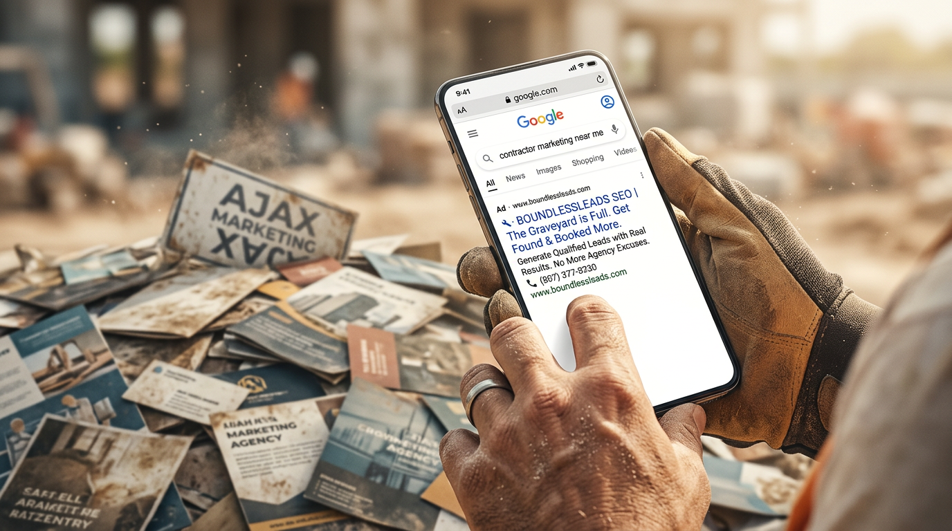 SCENE: Close-up of a contractor's hands holding a smartphone showing a Google search results page with his business name appearing at the top result