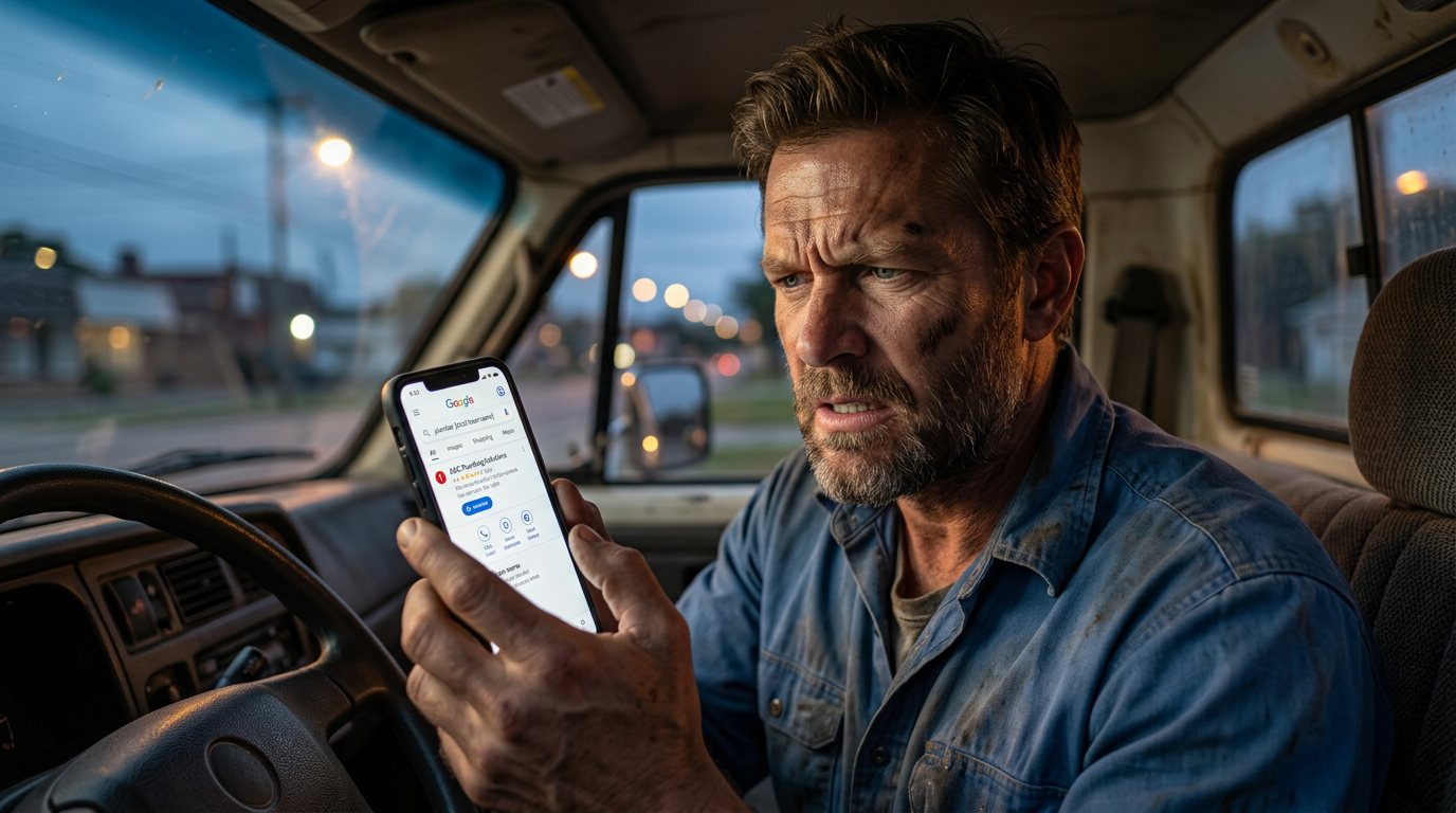 SCENE: A weathered tradesman in a work shirt sitting in his truck cab, jaw tight, staring at his phone screen showing a competitor ranked first on Google Maps for his own service area