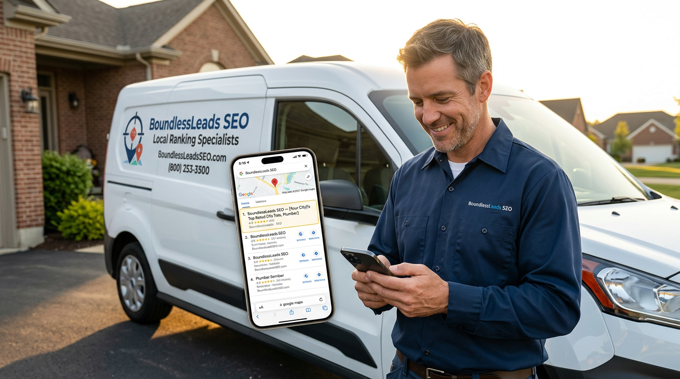 SCENE: A contractor in a clean work shirt standing in his driveway beside his branded van, smiling at his phone screen with visible satisfaction, morning light behind him