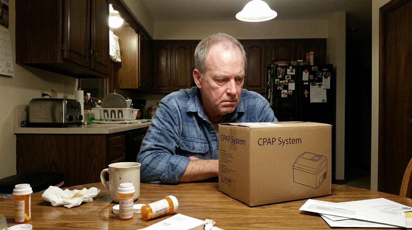 SCENE: A 50s-era man sitting alone at a kitchen table at night, staring at a CPAP machine still in its box, expression conflicted and exhausted