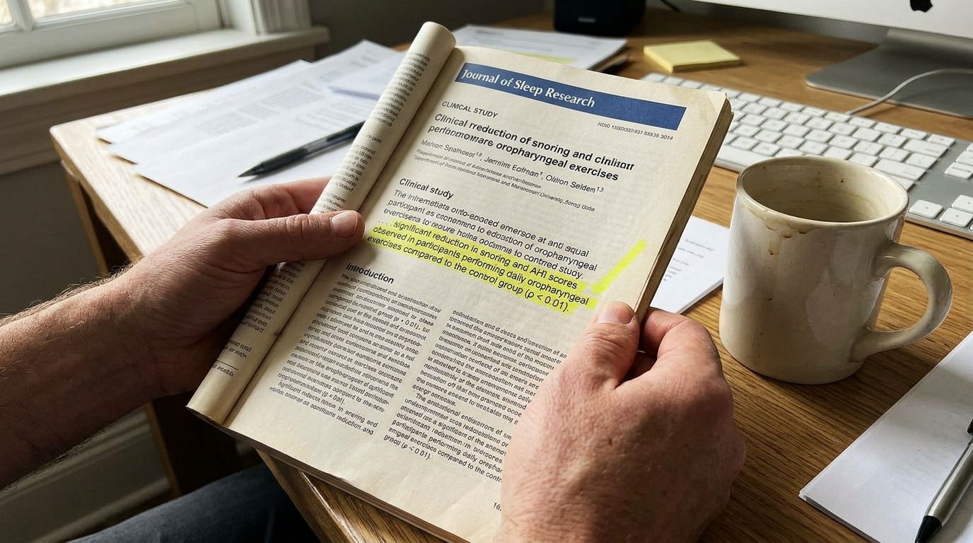 SCENE: Close-up of a man's hands holding open a medical journal showing a highlighted clinical study on oropharyngeal exercises, coffee mug beside him at a desk