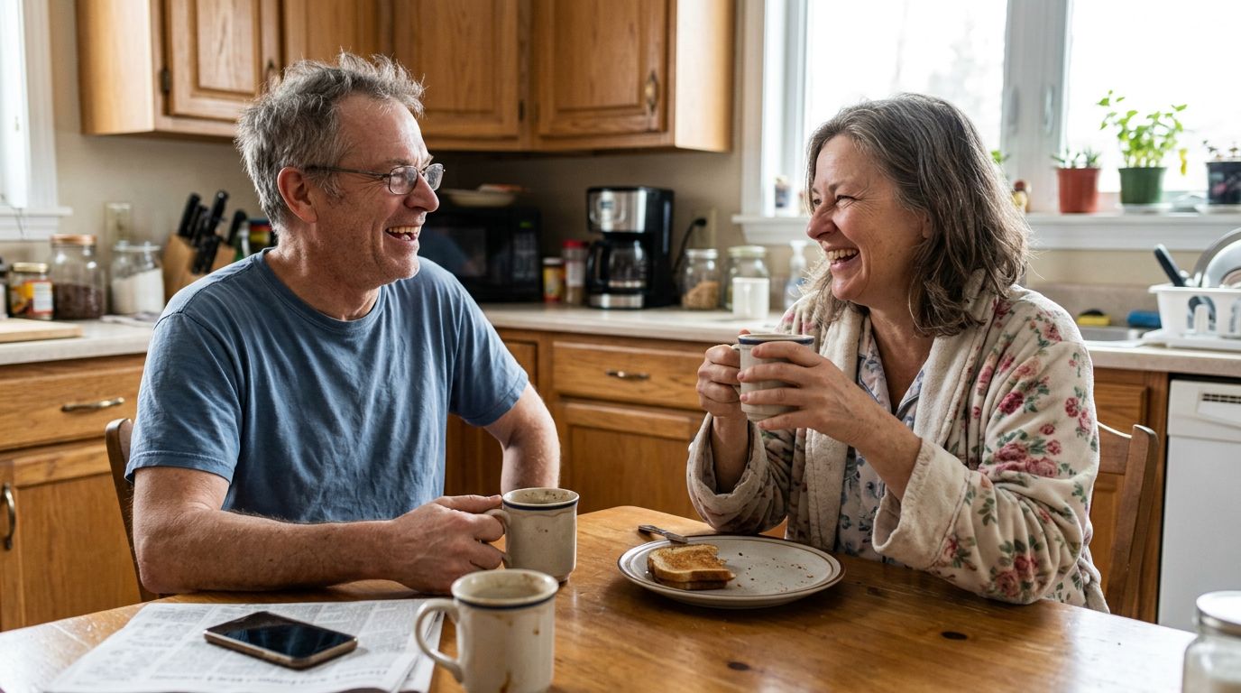 SCENE: A couple in their 50s laughing together over morning coffee in a bright kitchen, both visibly rested, the mood light and easy