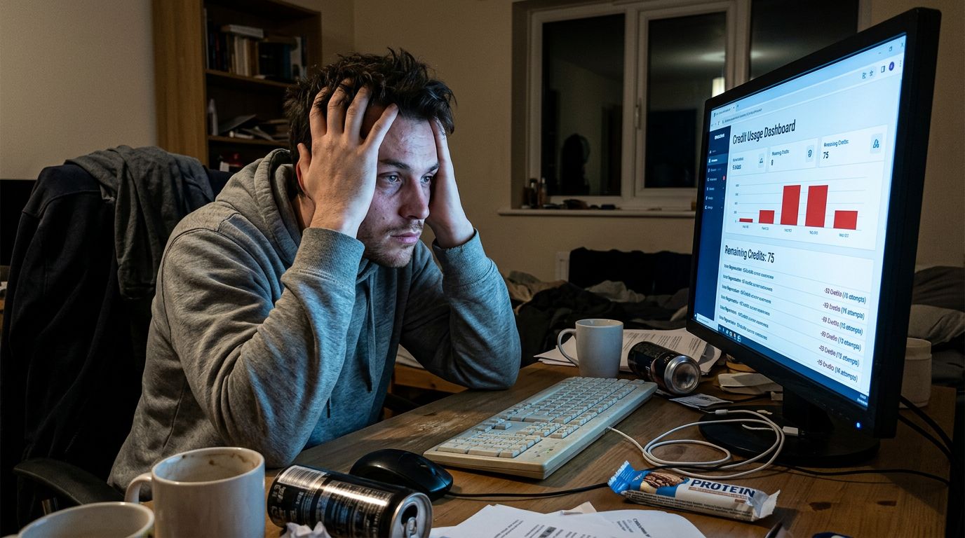 SCENE: A tired man in his late twenties sits at a cluttered desk at night, staring at a credit usage dashboard on his monitor, hands pressed to his temples, the glow of the screen illuminating his frustrated expression