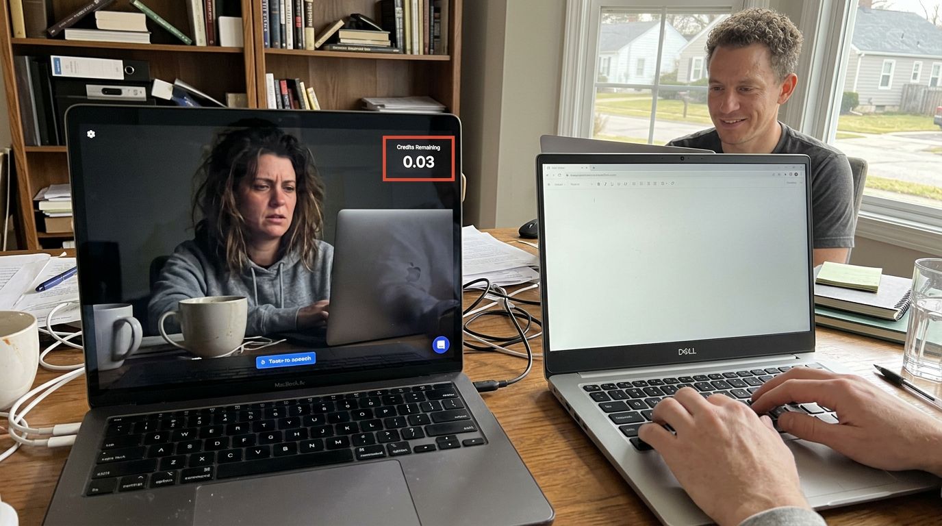 SCENE: Side-by-side view of two creator workspaces — one with a credit counter prominently displayed on screen showing near-zero balance, the other with an open text editor and no usage meter anywhere in sight, both lit by natural morning light