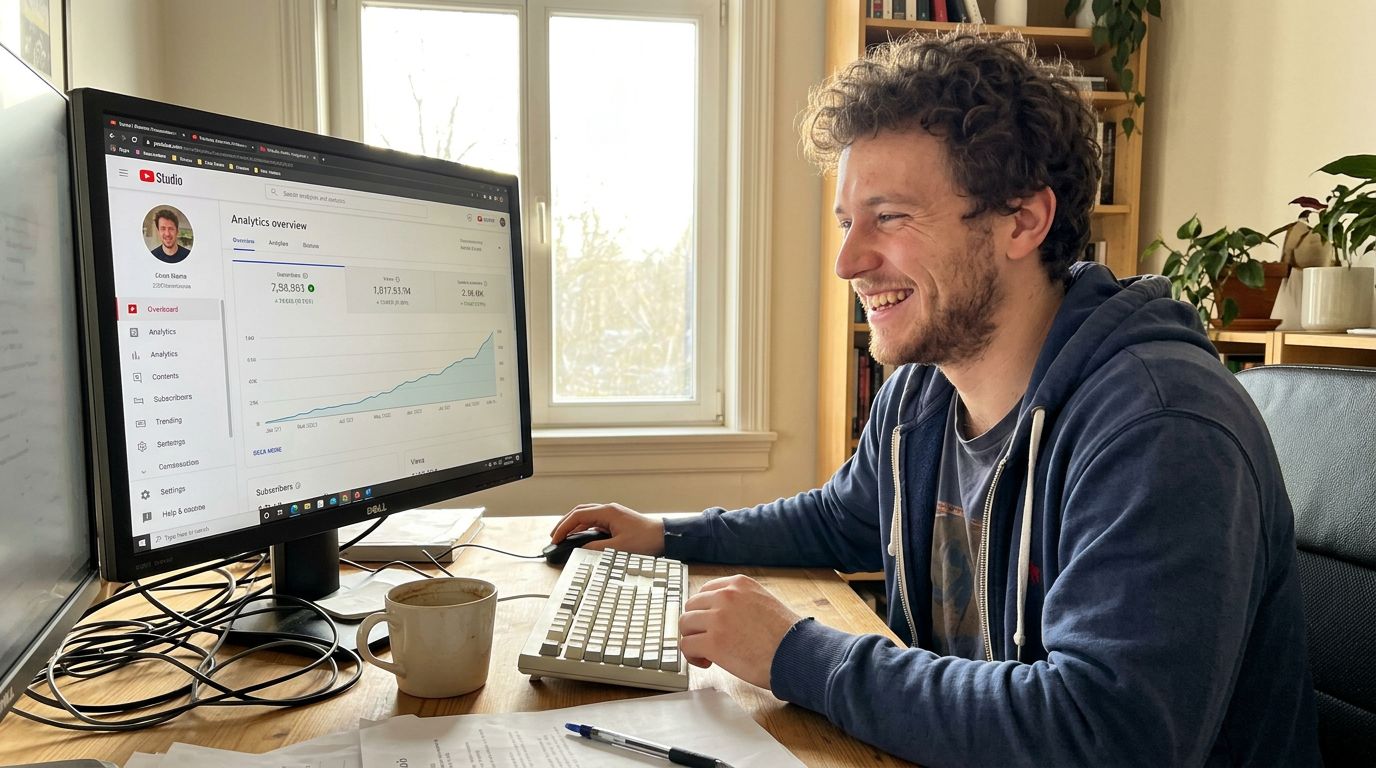 SCENE: A relaxed young man in a bright home office smiles at his monitor showing a YouTube Studio analytics dashboard with a sharp upward subscriber growth curve, a coffee mug beside his keyboard, morning sunlight through the window behind him