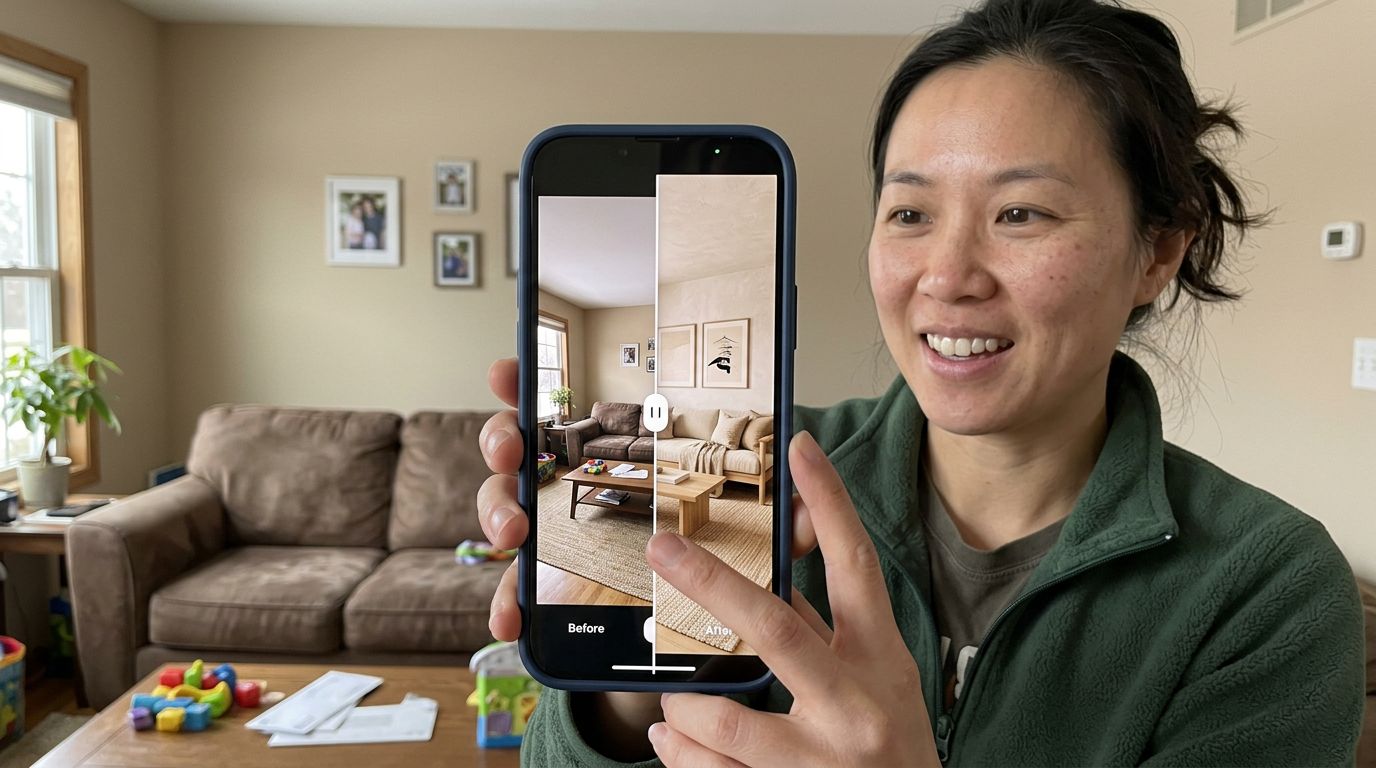 SCENE: A phone screen held up in a suburban living room showing a side-by-side before and after slider — the left half shows the same beige room, the right half shows it transformed into a warm, cohesive Japandi design