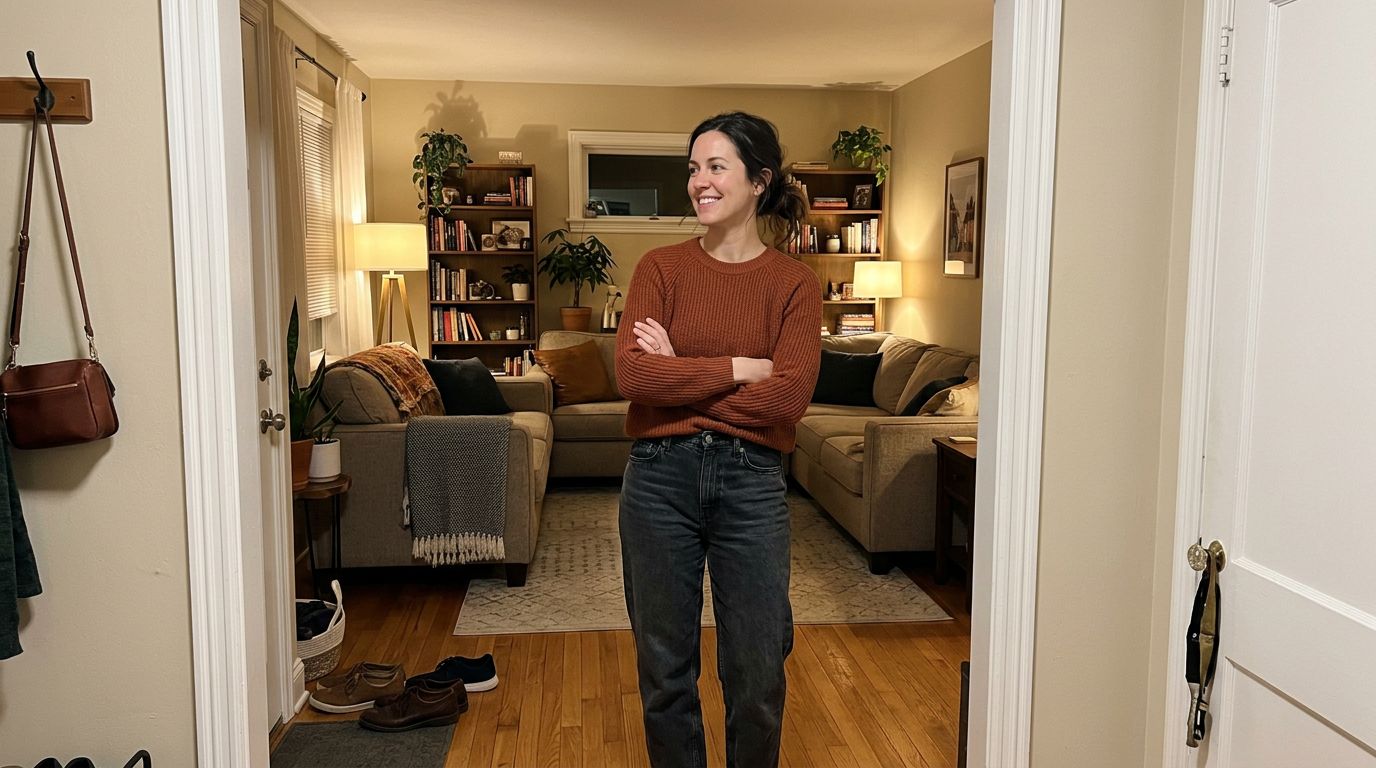 SCENE: A woman in her mid-30s standing in the doorway of a newly transformed living room, arms loosely crossed, a quiet smile of satisfied relief on her face as she surveys the warm, cohesive space she finally made real