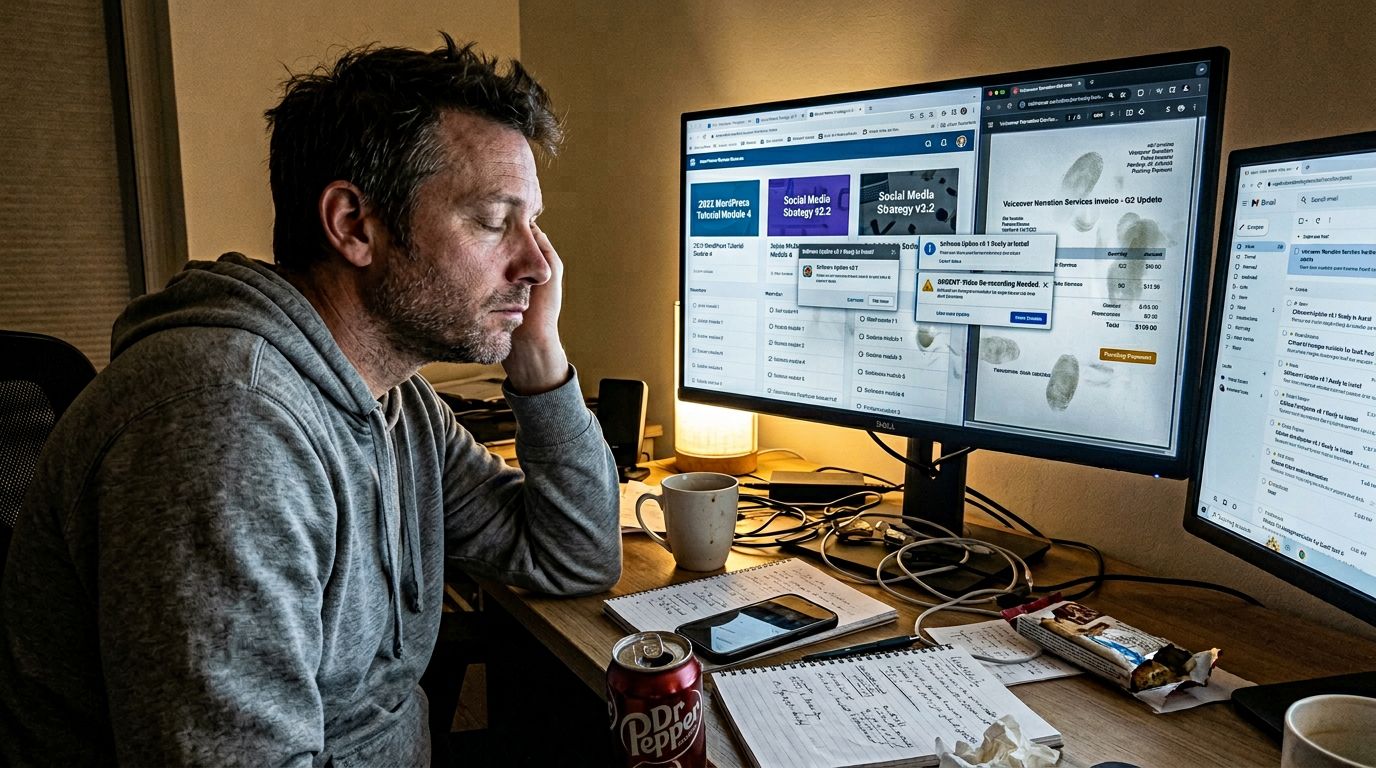 SCENE: A course creator staring at three browser tabs showing outdated course modules, software update notifications piling up on screen, and a voiceover quote invoice open beside them — the look on his face caught between exhaustion and quiet dread