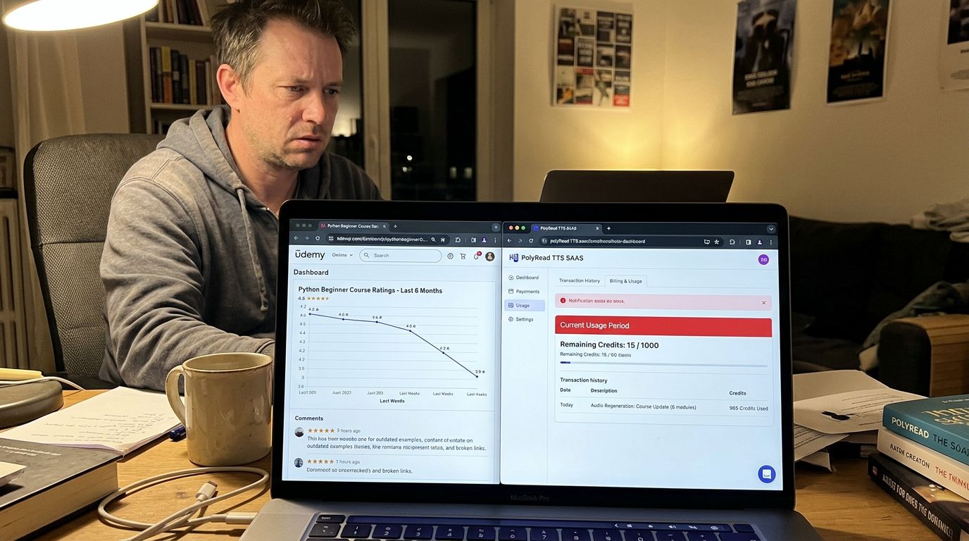 SCENE: A course creator sitting at his desk with two browser windows side by side — one showing a declining course rating graph, the other showing a credit balance nearly depleted after a single module update session