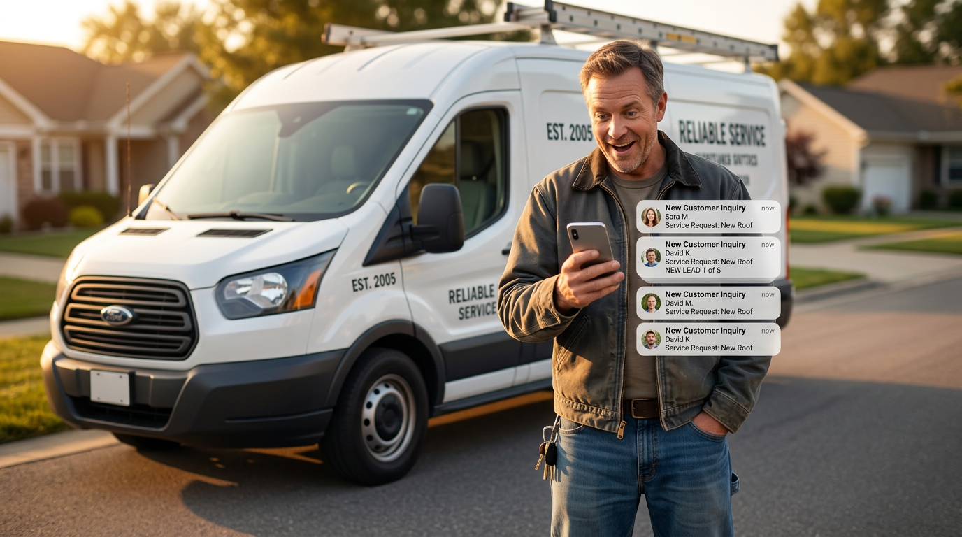 SCENE: Contractor in work clothes glancing at his phone with a surprised smile seeing new customer inquiry notifications while standing beside his work van in a driveway