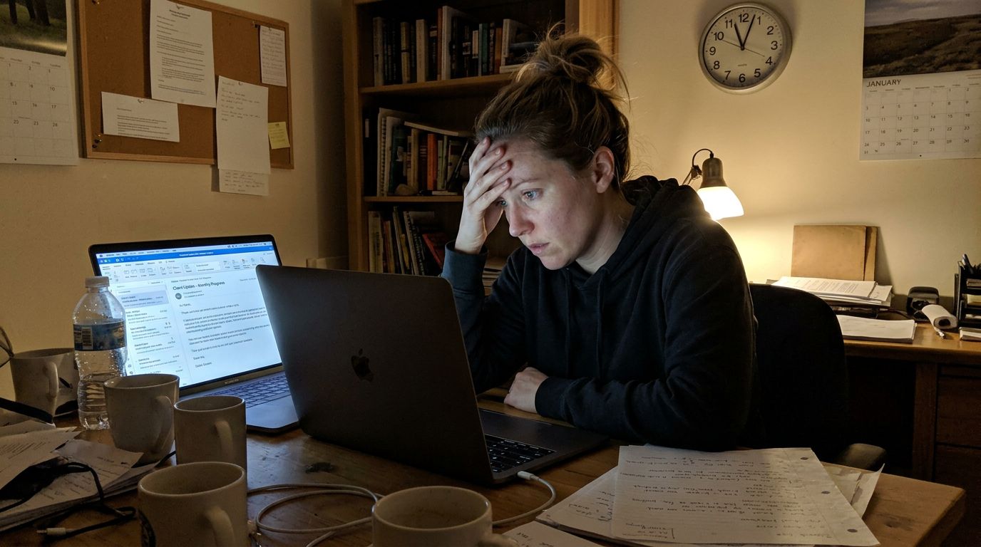 SCENE: Agency owner alone at desk at night staring at a client email on her laptop screen, expression tense