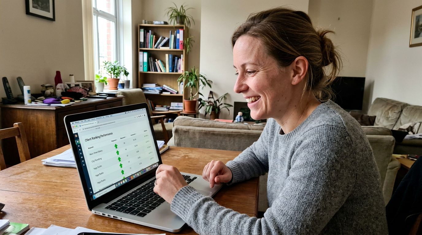 SCENE: Agency owner smiling at laptop screen showing a client ranking dashboard with multiple green upward arrows