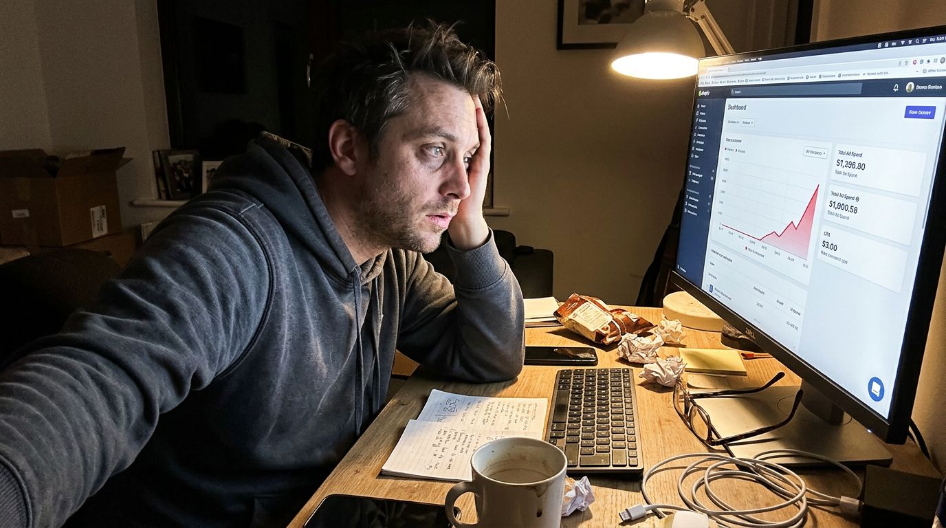 SCENE: E-commerce store owner at desk at night staring at rising ad spend dashboard with visible exhaustion and concern