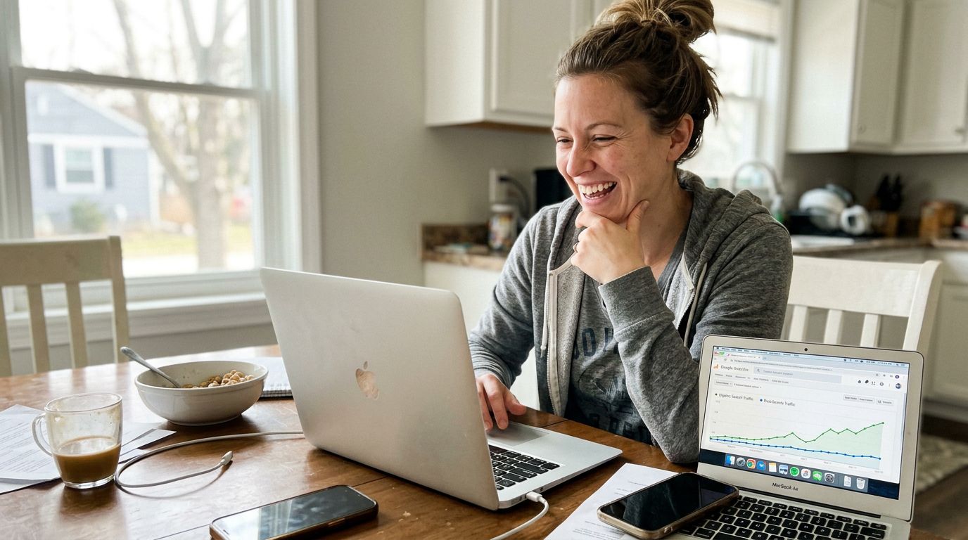 SCENE: E-commerce store owner smiling at laptop in a bright morning kitchen reviewing analytics showing organic traffic overtaking paid