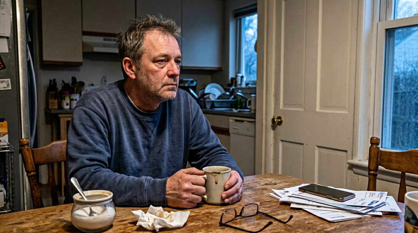 SCENE: Middle-aged man sitting alone at kitchen table at dawn, hands wrapped around coffee mug, staring at a closed hallway door