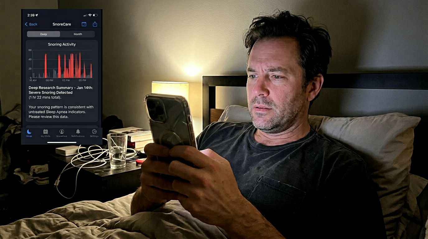 SCENE: Man sitting up in bed at night, phone in hand, expression shifting from skepticism to quiet recognition as he reads something unexpected