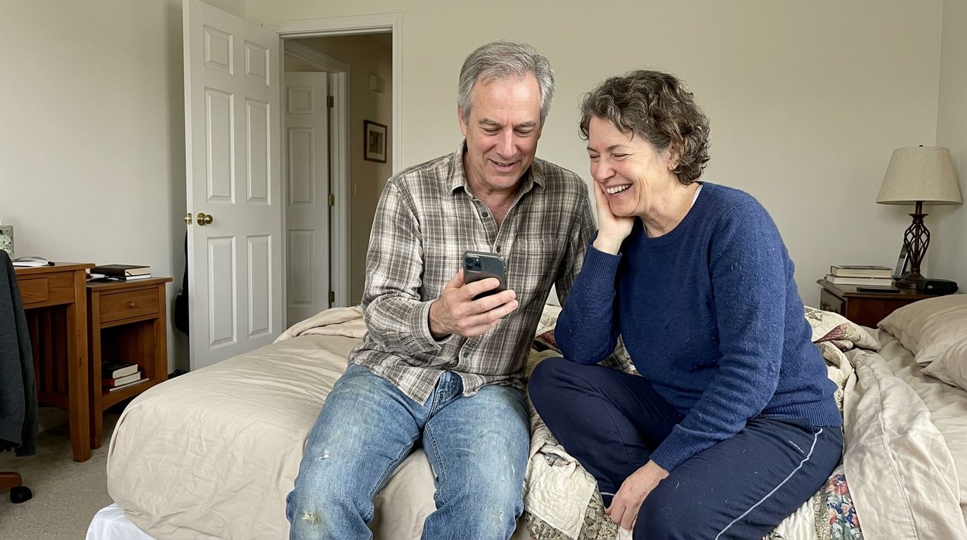 SCENE: Couple in their 50s sitting together on a made bed in the morning light, both relaxed and at ease, the guest room door visible and open in the background