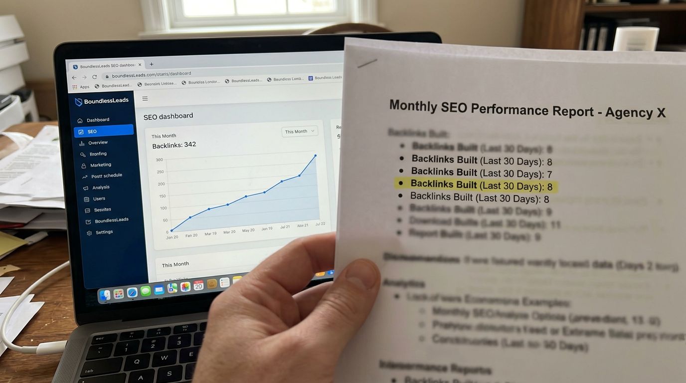 SCENE: Side-by-side close-up of a laptop screen showing BoundlessLeads SEO dashboard with a rising backlink count graph next to a paper agency report showing only eight links built in thirty days