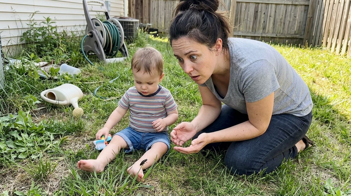 SCENE: A wide-eyed mother kneeling in a sunlit backyard, staring at an unidentified dark insect crawling near her toddler's bare foot in the grass