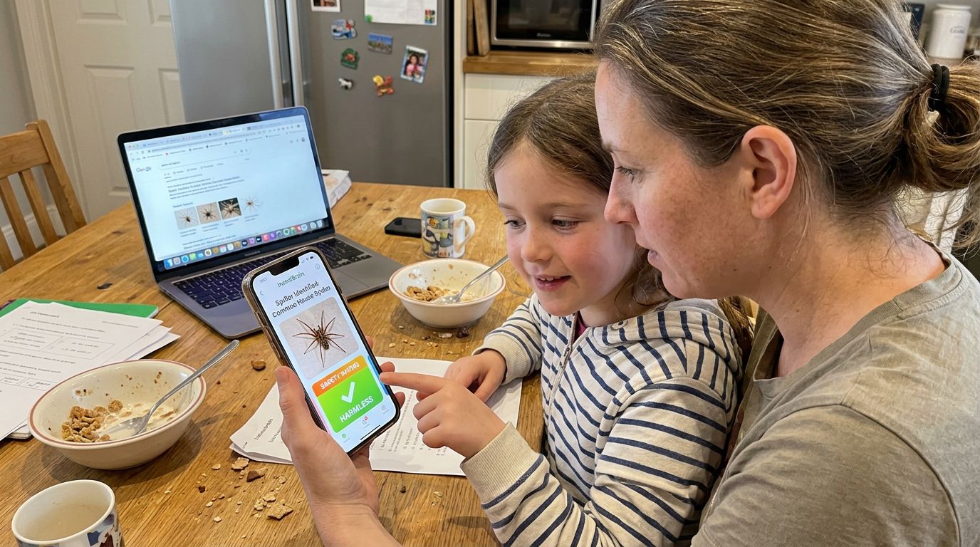 SCENE: A mother and young daughter sitting together at a kitchen table, both looking at a phone screen showing a colorful insect identification card with a safety rating