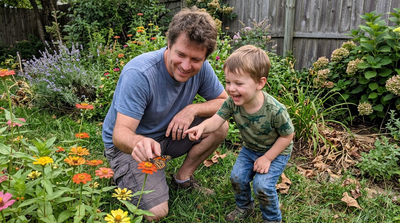 SCENE: A father and his young son crouching together in a green backyard garden, both smiling as they examine a colorful butterfly resting on a flower, the boy pointing excitedly