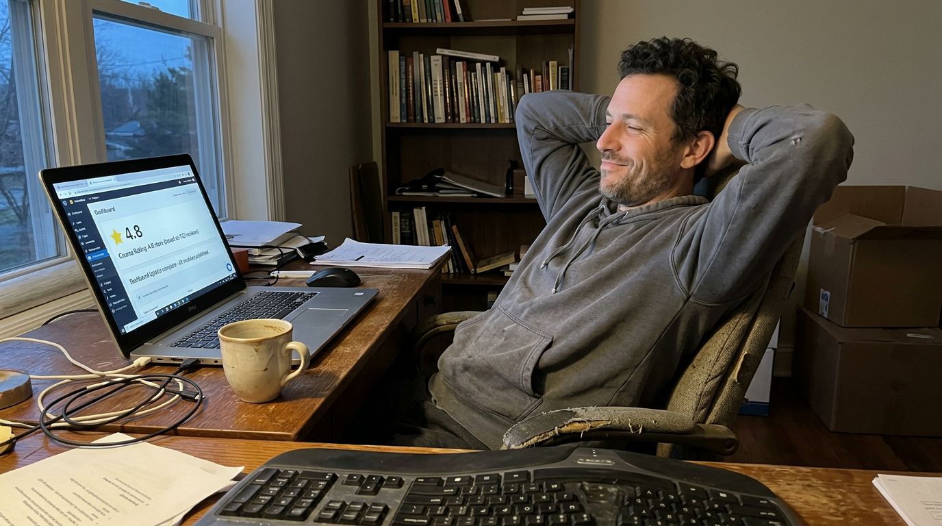 SCENE: A course creator at his desk, laptop open showing a freshly updated course dashboard with a 4.8-star rating, leaning back in his chair with a visible sense of relief and quiet satisfaction — the pressure finally gone