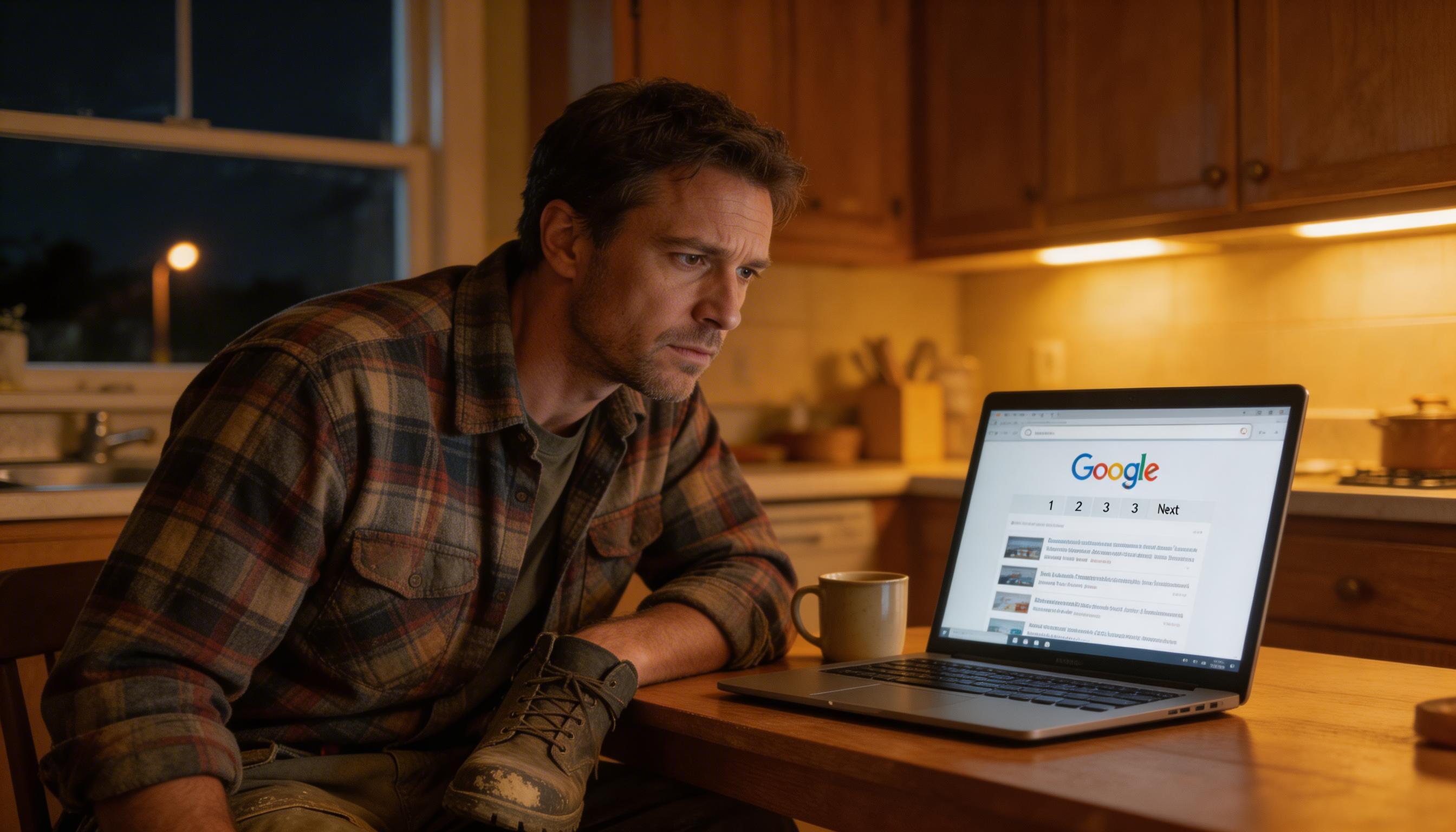 SCENE: Exhausted contractor in work boots sitting at kitchen table at night, staring at laptop showing Google search results page two