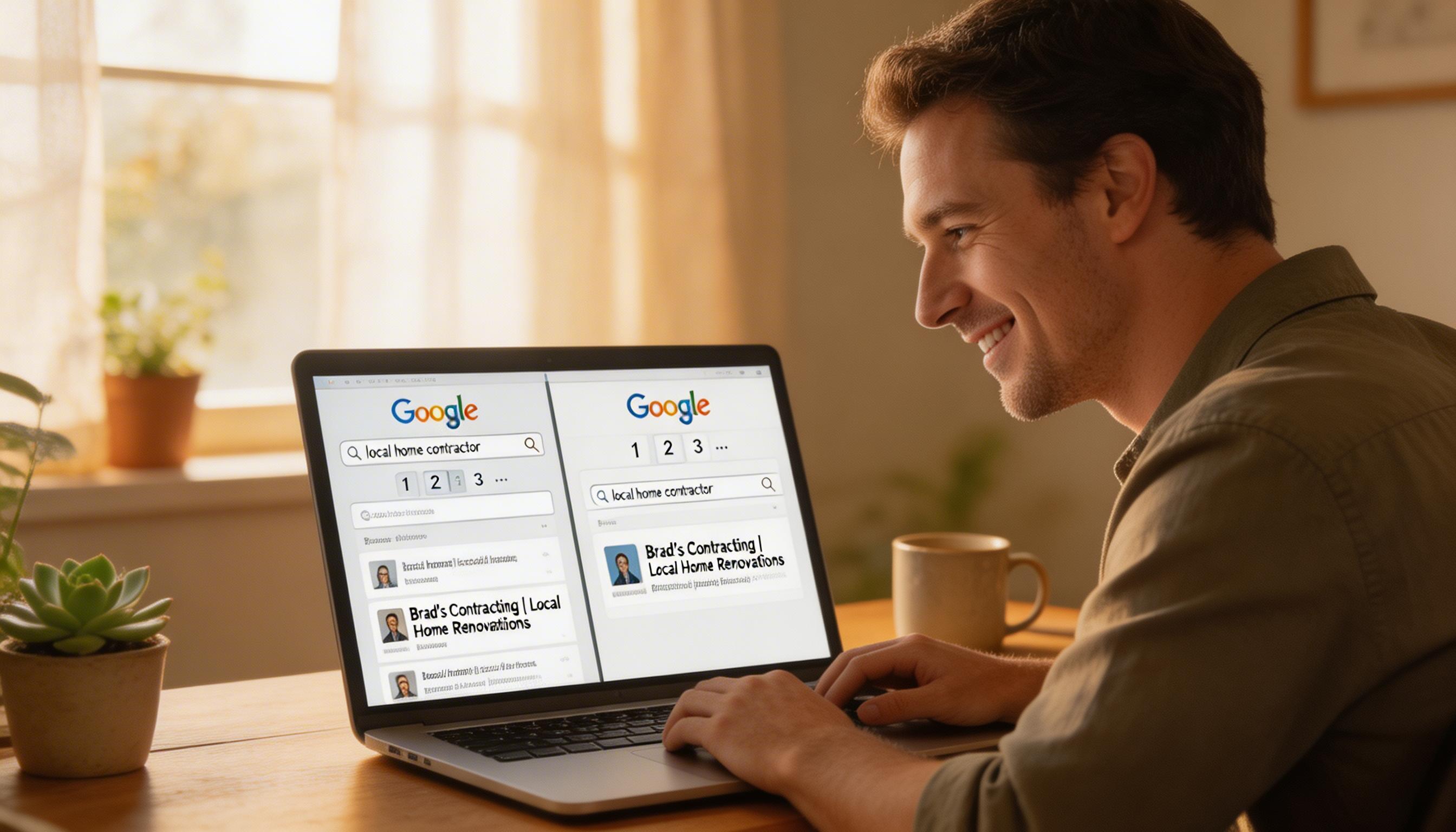 SCENE: Split-screen of two Google search results pages on a laptop, left showing a contractor buried on page two, right showing the same business at position one