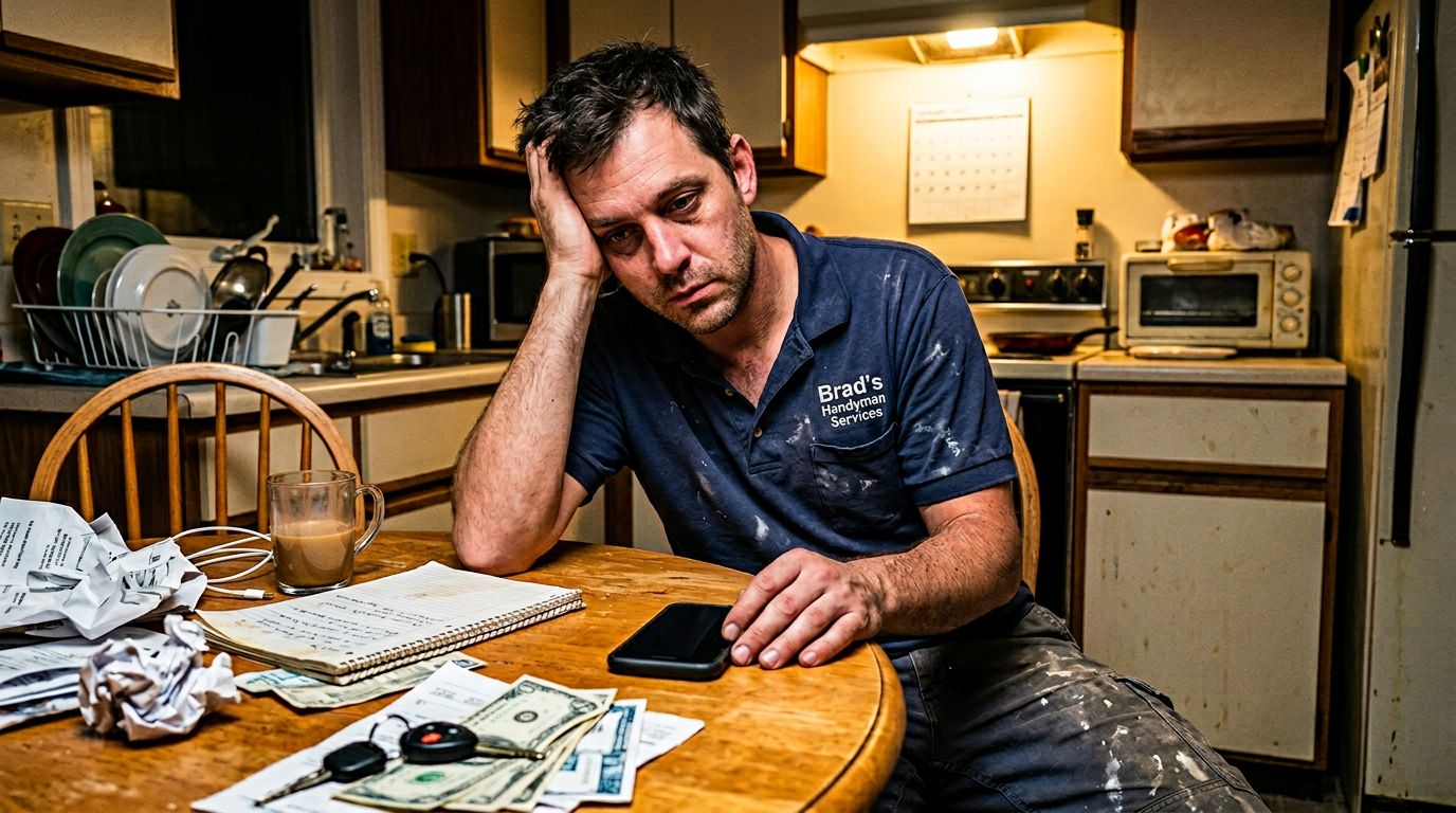 SCENE: Exhausted contractor in work clothes sitting at kitchen table at midnight staring at a blank phone screen with zero new leads