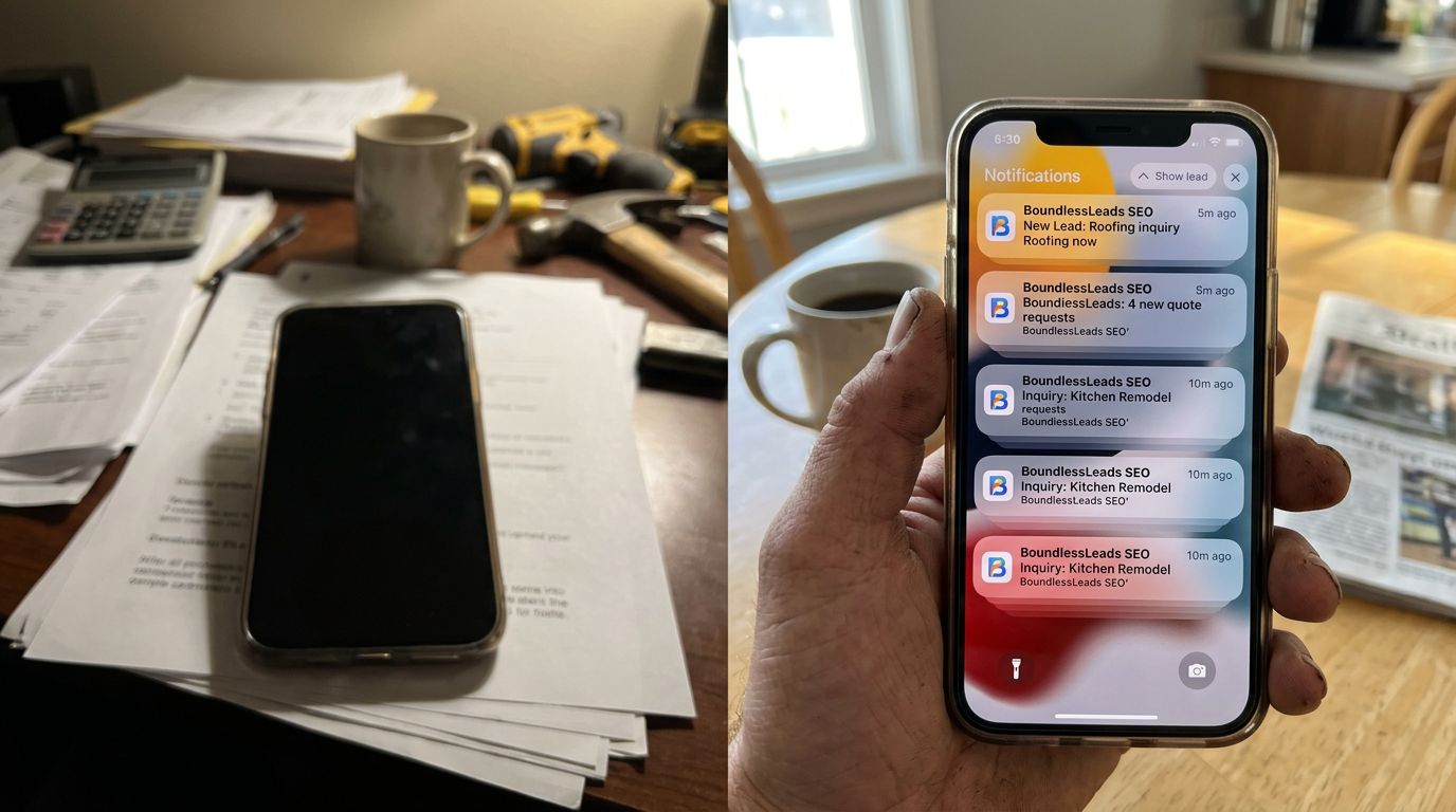 SCENE: Split moment showing contractor's phone dark and silent at desk versus same phone lit up with multiple incoming lead notifications in morning light