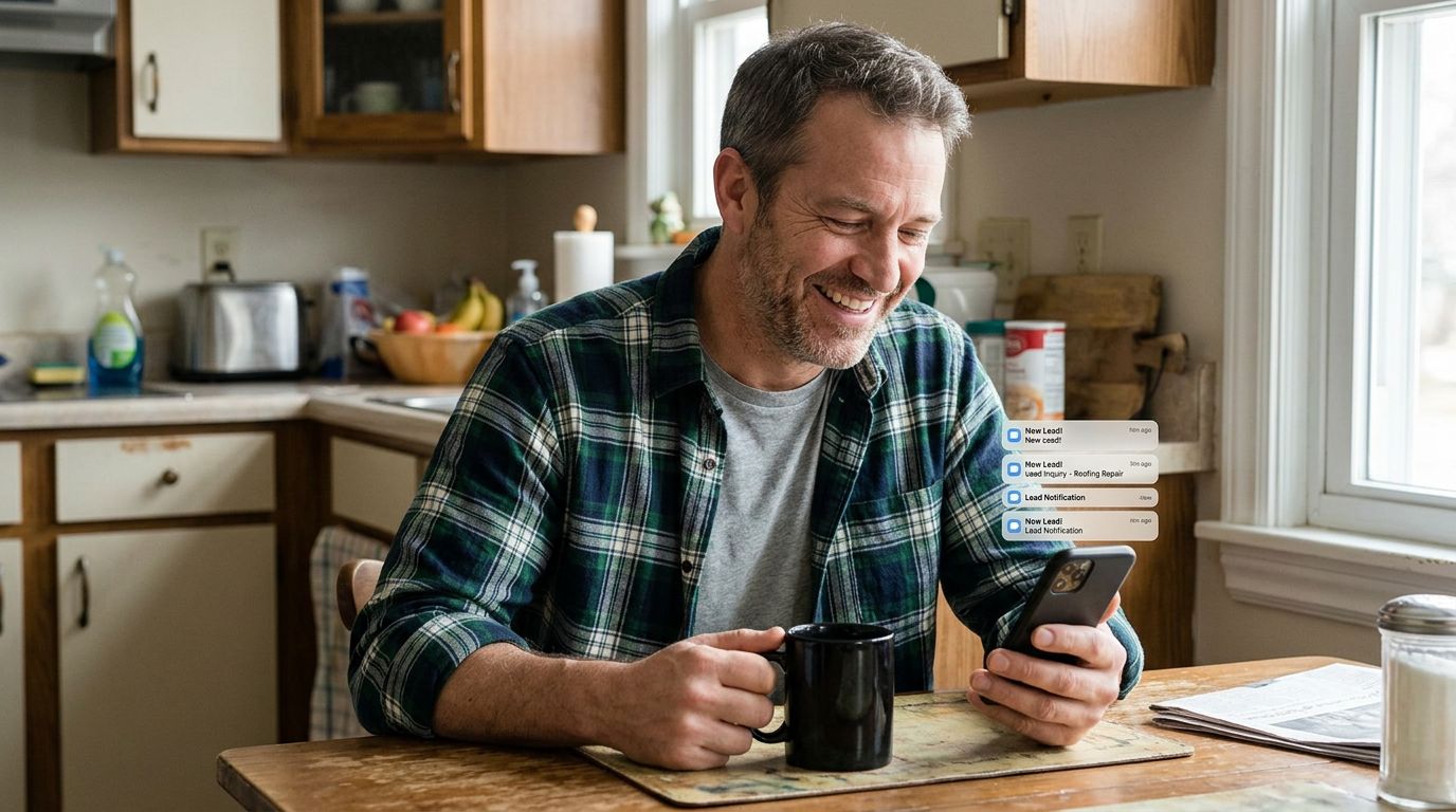 SCENE: Relaxed contractor in clean flannel shirt at sunlit kitchen table smiling at phone screen showing multiple new lead notifications with morning coffee beside him