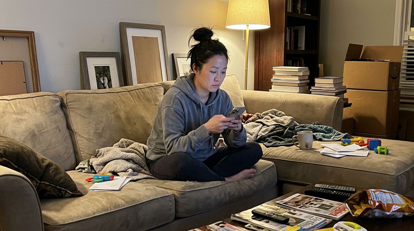 SCENE: A woman in her mid-30s sits cross-legged on a beige sectional, phone in hand, scrolling Pinterest with a resigned expression while her cluttered, mismatched living room surrounds her