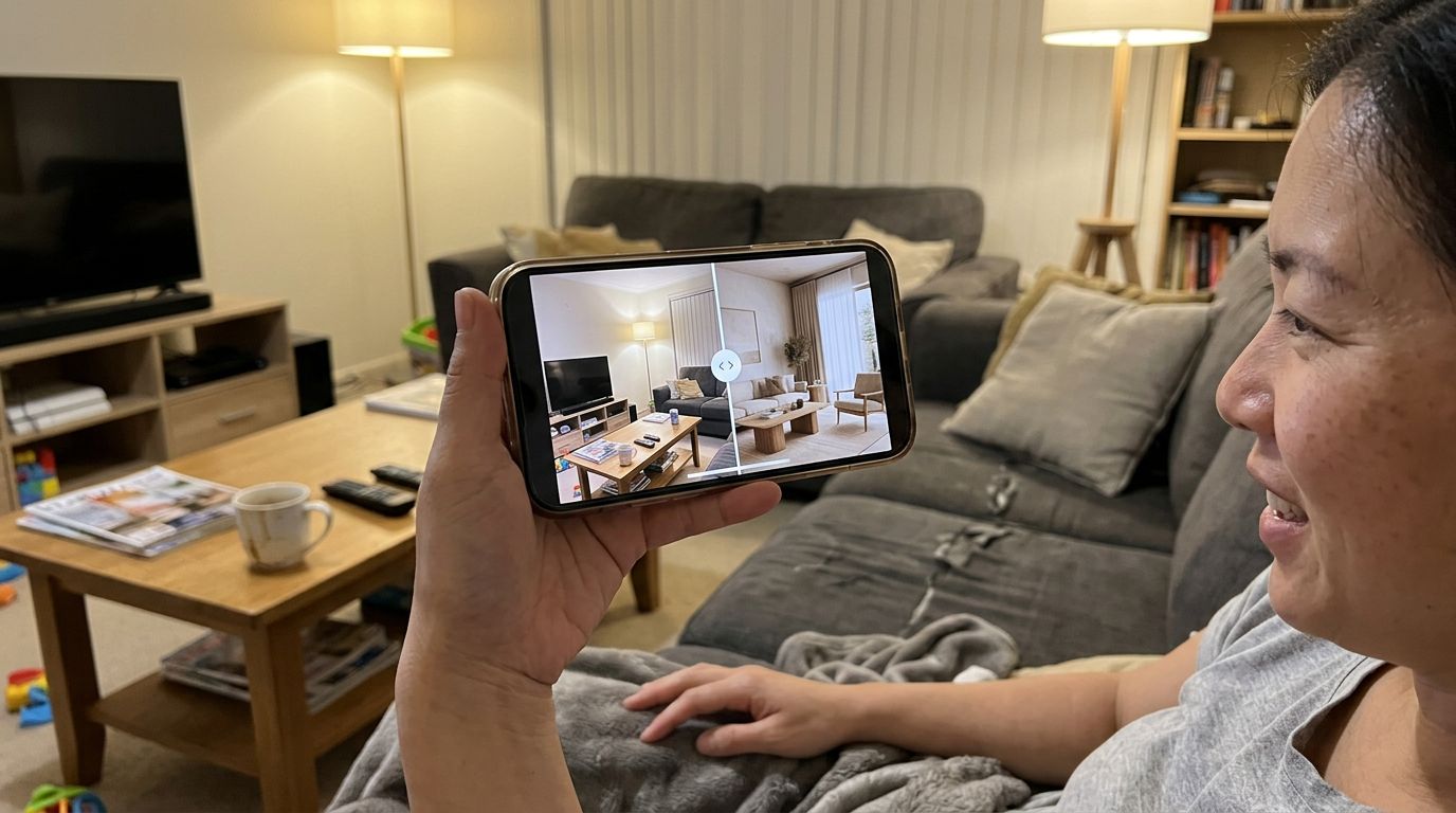 SCENE: A phone screen held up in a cozy suburban living room showing a split before-and-after slider — the left half shows the real beige room, the right half shows the same room transformed into a warm Japandi interior