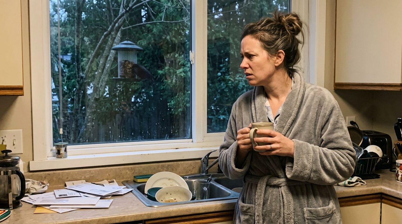 SCENE: A woman in a bathrobe cradling a coffee mug stands at her kitchen window staring out at a bird feeder, her expression a mix of wonder and quiet frustration at not knowing what she is seeing