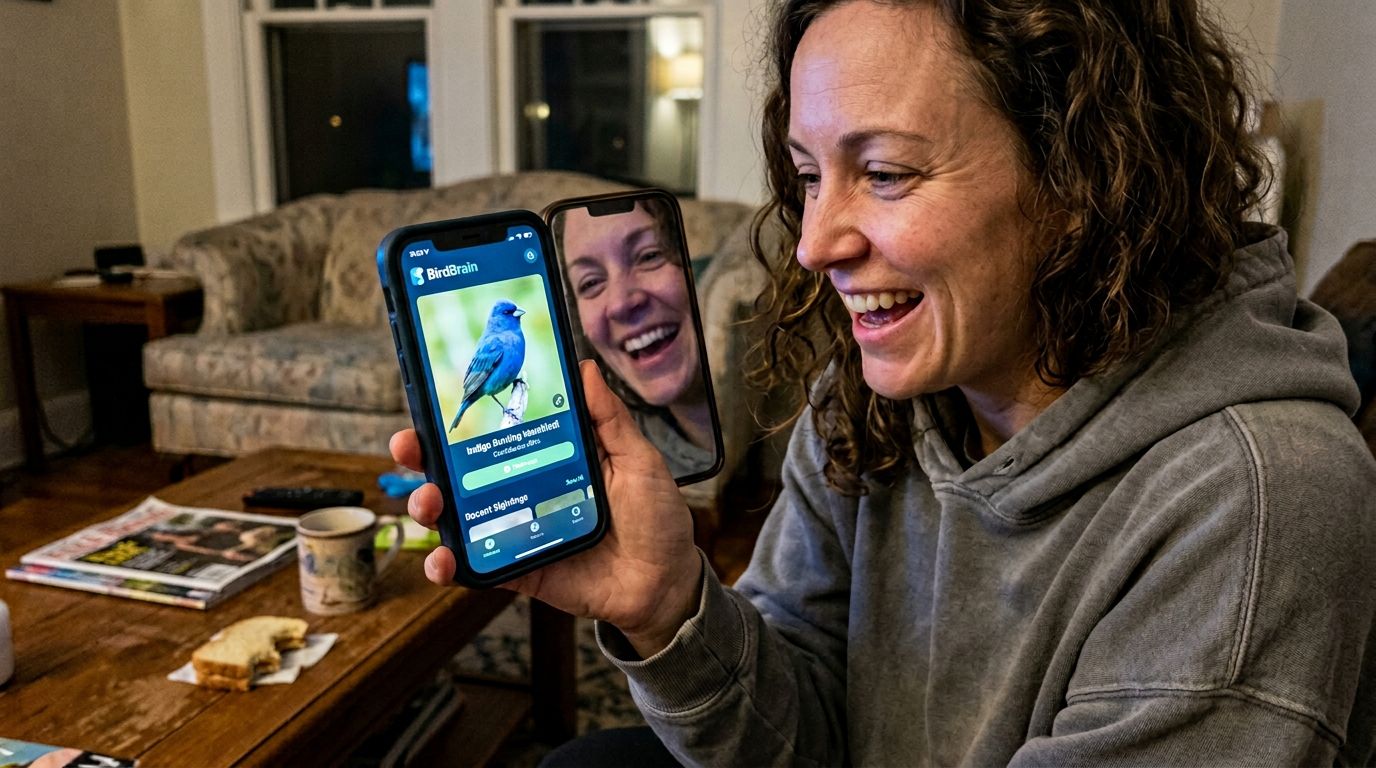 SCENE: A close-up of a woman's phone screen showing a vivid indigo bird identified in the BirdBrain app, the woman's face reflected in the screen with an expression of pure delighted recognition