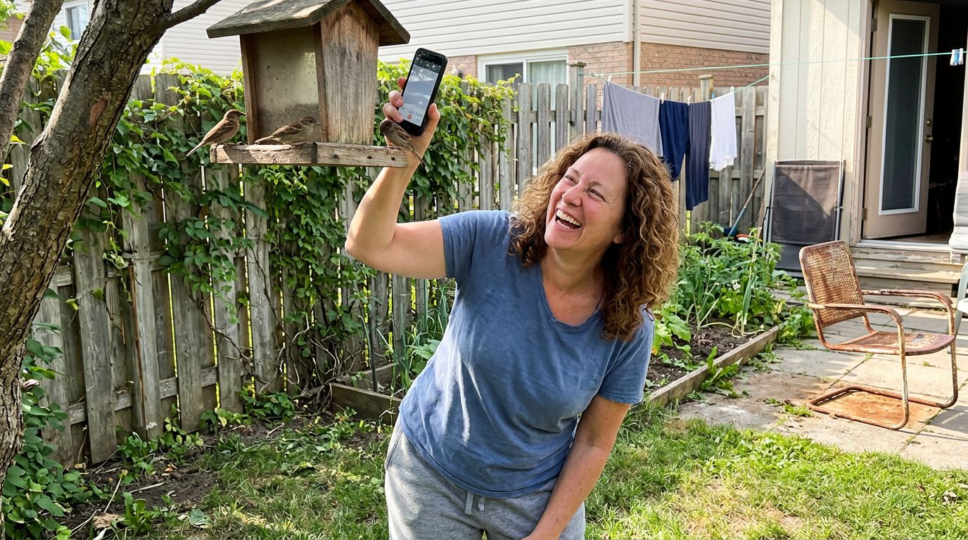 SCENE: A woman standing in her sunlit backyard laughing with delight, phone raised toward a bird feeder, her whole posture relaxed and joyful — a person completely at home in her own outdoor space