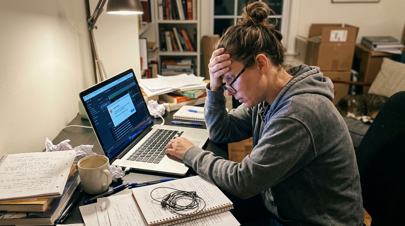 SCENE: A frustrated woman author staring at a laptop screen showing a failed audiobook export error message at her writing desk