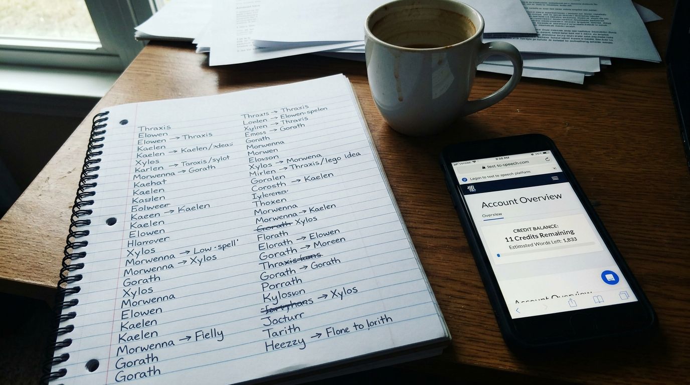 SCENE: Side-by-side view of an author's notebook showing invented fantasy character names next to a TTS platform's credit balance showing near-zero
