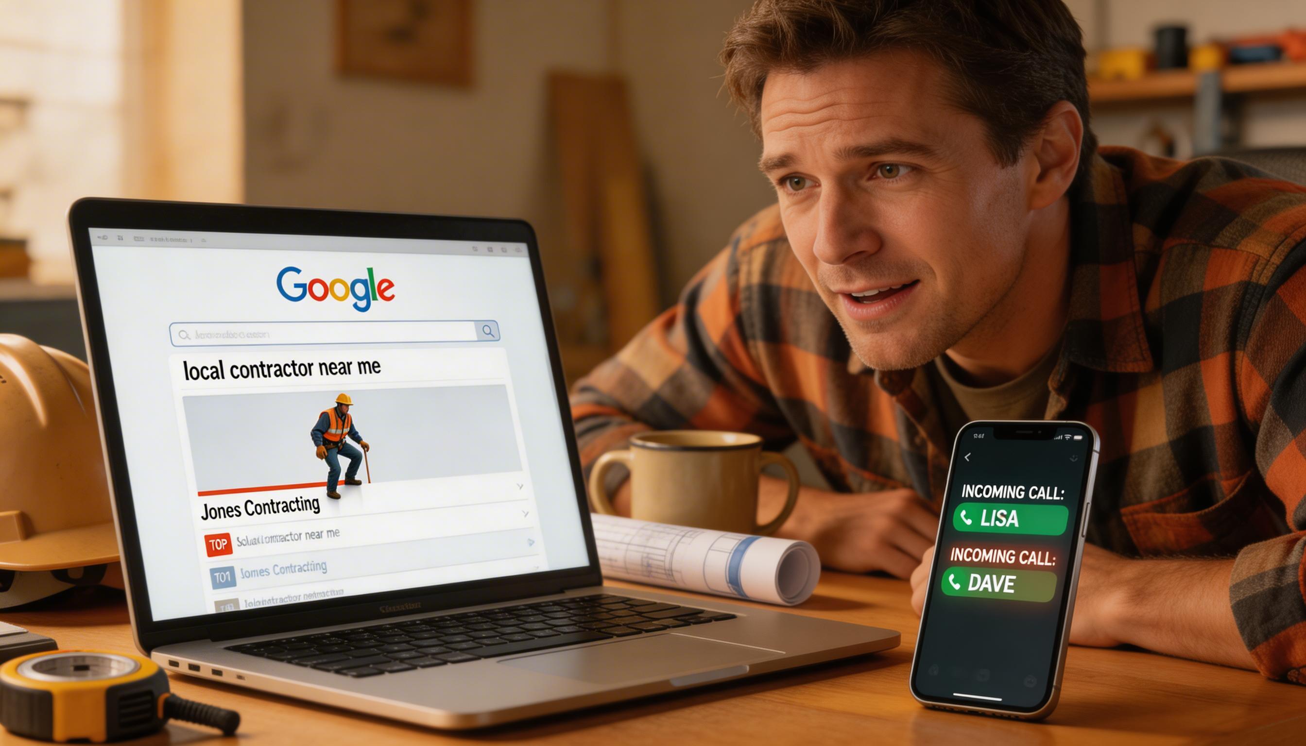 SCENE: Side-by-side view of a contractor's Google search ranking climbing upward on a laptop screen while a phone begins lighting up with incoming calls