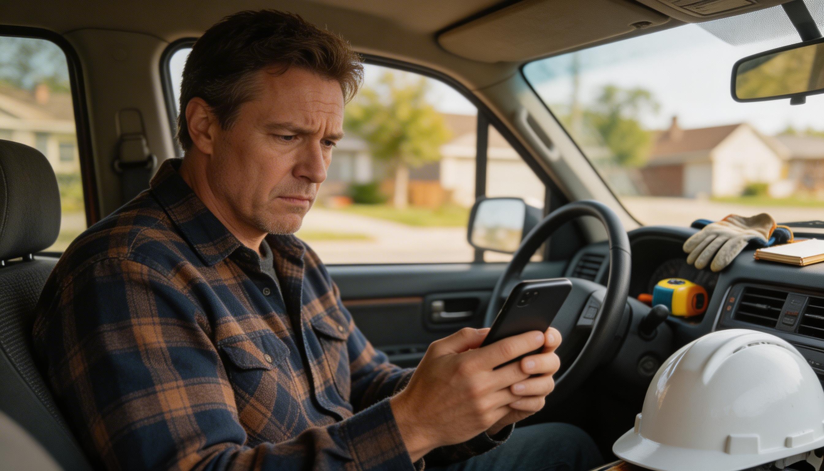 SCENE: A smiling contractor in his work truck checks his phone to see multiple missed call notifications and new job booking alerts lighting up the screen