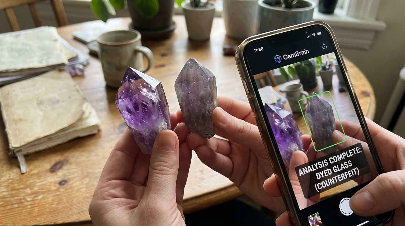 SCENE: Close-up of woman's hands holding two crystals side by side under bright natural window light, one clearly more luminous