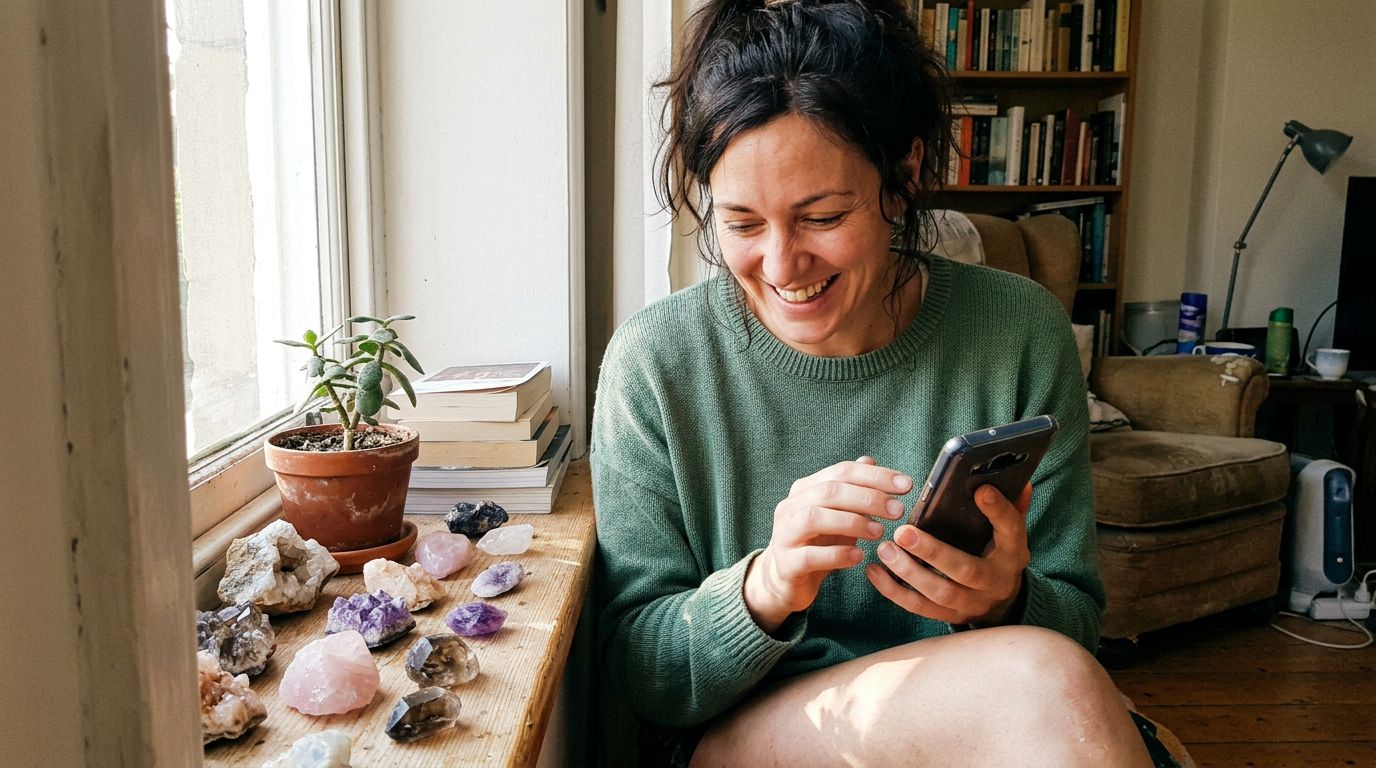 SCENE: Woman smiling at her crystal collection on a sunlit windowsill, phone in hand, visibly relieved and confident