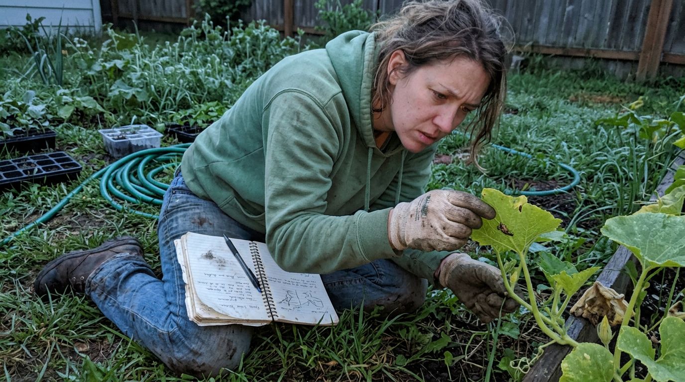 SCENE: Amateur naturalist kneeling in a backyard garden at dawn, notebook open beside them, peering intently at an unknown insect on a leaf