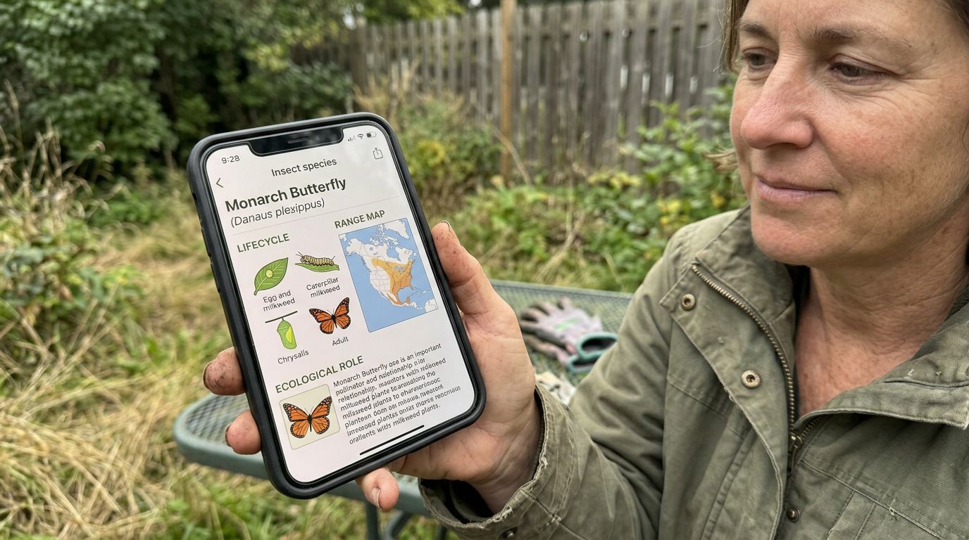 SCENE: Close-up of a smartphone screen showing an insect species card with lifecycle diagram, range map, and ecological role details open in a nature app