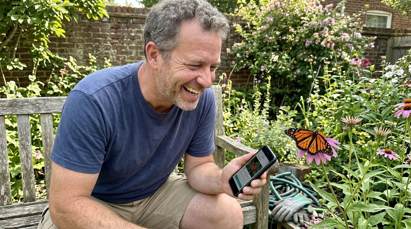 SCENE: Middle-aged man smiling at his phone in a sunlit garden, a butterfly perched nearby on a flower, looking relaxed and genuinely delighted by what he's found