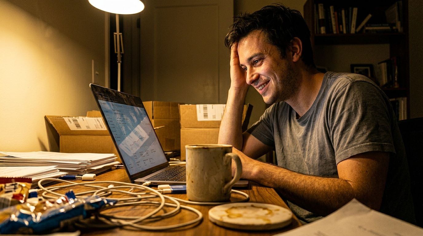 SCENE: E-commerce founder at desk, looking relieved at laptop showing organic traffic graph climbing steadily upward